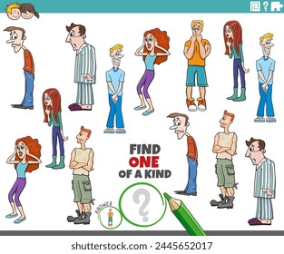 Cartoon illustration of find one of a kind picture educational activity with surprised young people characters