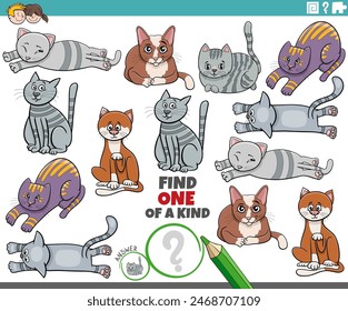 Cartoon illustration of find one of a kind picture educational activity with cats animal characters