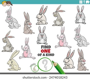 Cartoon illustration of find one of a kind picture educational activity with rabbits animal characters