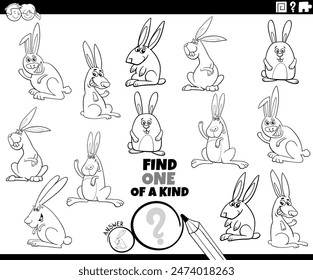 Cartoon illustration of find one of a kind picture educational activity with rabbits animal characters coloring page