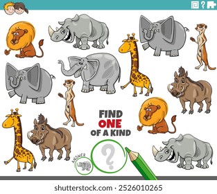 Cartoon illustration of find one of a kind picture educational activity game with wild animal characters