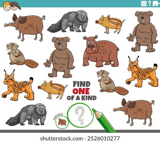 Cartoon illustration of find one of a kind picture educational activity game with funny wild animal characters