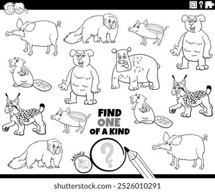 Cartoon illustration of find one of a kind picture educational activity game with funny wild animal characters coloring page