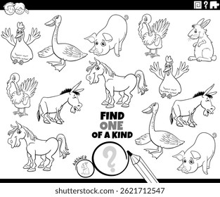 Cartoon illustration of find one of a kind picture educational puzzle with funny farm animal characters coloring page