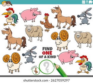 Ilustração de desenho animado de encontrar um de um tipo de imagem quebra-cabeça educacional com animais de fazenda engraçados