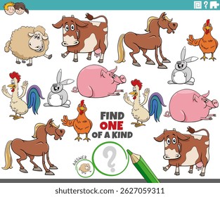 Cartoon illustration of find one of a kind picture educational puzzle with farm animal characters