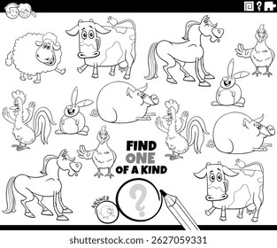 Cartoon illustration of find one of a kind picture educational puzzle with farm animals coloring page