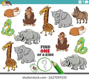 Cartoon illustration of find one of a kind picture activity puzzle with wild animal characters