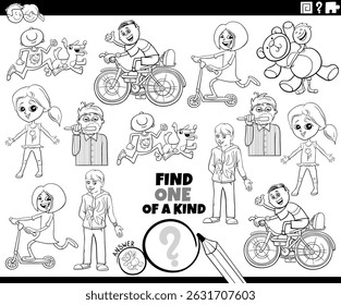 Cartoon illustration of find one of a kind picture puzzle with animal characters coloring page