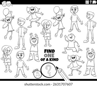 Cartoon illustration of find one of a kind picture activity puzzle with children and teens characters coloring page