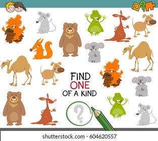 Cartoon Illustration of Find One of a Kind Educational Activity Game for Children with Animal Characters
