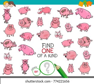 Cartoon Illustration of Find One of a Kind Picture Educational Activity Game for Children with Pig and Piglet Characters