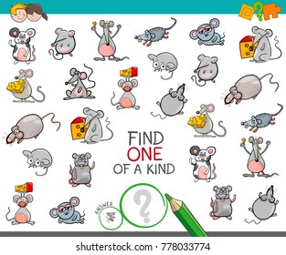 Cartoon Illustration of Find One of a Kind Picture Educational Activity Game for Children with Mouse Characters
