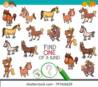 Cartoon Illustration of Find One of a Kind Picture Educational Activity Game for Children with Horses Farm Animal Characters