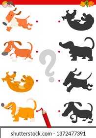 Cartoon Illustration of Find the Right Shadow Educational Task for Children with Funny Dogs and Puppies Animal Characters