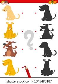 Cartoon Illustration of Find the Shadow Educational Game for Children with Cute Dogs and Puppies Animal Characters