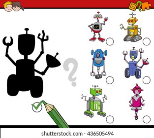Cartoon Illustration of Find the Shadow Educational Activity for Preschool Children with Robots