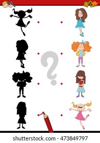 Cartoon Illustration of Find the Shadow Educational Activity Task for Children with Kid Girls