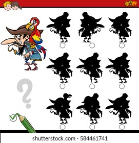 Cartoon Illustration of Find the Shadow without Differences Educational Activity for Children with Pirate Character