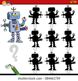 Cartoon Illustration of Find the Shadow without Differences Educational Activity for Children with Robot Character