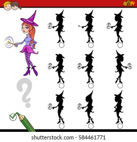 Cartoon Illustration of Find the Shadow without Differences Educational Game for Children with Witch Fantasy Character