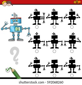 Cartoon Illustration of Find the Shadow without Differences Educational Activity for Children with Robot Character