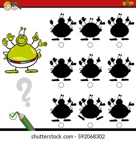 Cartoon Illustration of Find the Shadow without Differences Educational Activity for Children with Alien Fantasy Character