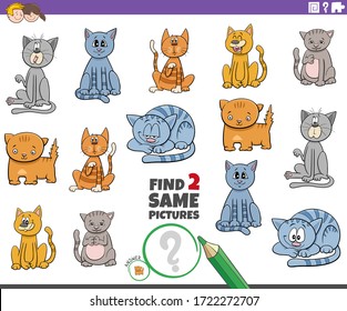 Cartoon Illustration of Find Two Same Pictures Educational Task for Children with Cats and Kittens Animal Characters