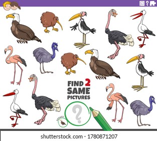 Cartoon Illustration of Find Two Same Pictures Educational Task for Children with Birds Animal Characters