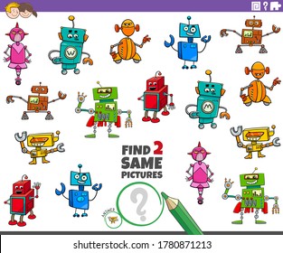 Cartoon Illustration of Find Two Same Pictures Educational Game for Children with Robots Fantasy Characters