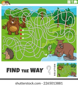 Cartoon illustration of find the way maze puzzle game with bears animal characters