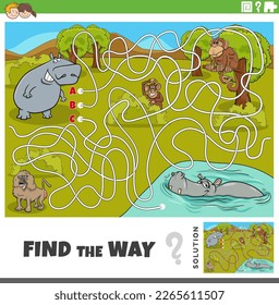 Cartoon illustration of find the way maze puzzle game with hippos and monkeys characters