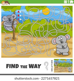 Cartoon illustration of find the way maze puzzle game with koala bears animal character