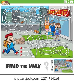 Cartoon illustration of find the way maze puzzle game with children pupils characters in the city