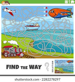 Cartoon illustration of find the way maze puzzle game with vehicle characters