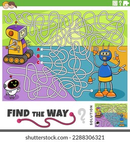 Cartoon illustration of find the way maze puzzle game with funny robot characters