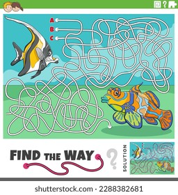 Cartoon illustration of find the way maze puzzle game with funny fish marine animal characters