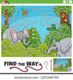 Cartoon illustration of find the way maze puzzle activity with funny wild animal characters