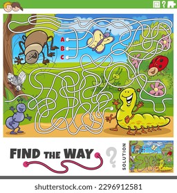 Cartoon illustration of find the way maze puzzle game with funny insects animal characters