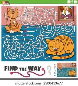 Cartoon illustration of find the way maze puzzle game with cats or kittens animal characters