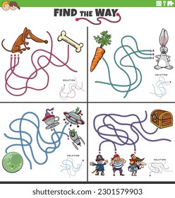 Cartoon illustration of find the way maze puzzle game with funny comic characters