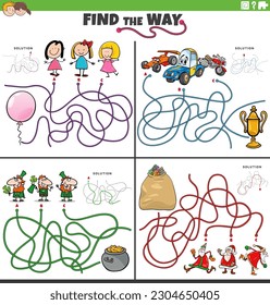 Cartoon illustration of find the way maze puzzle games set with funny comic characters