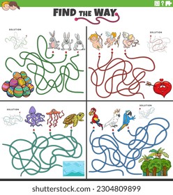 Cartoon illustration of find the way maze puzzle games set with funny comic characters