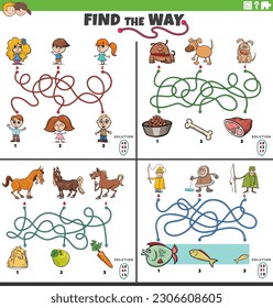 Cartoon illustration of find the way maze puzzle games set with comic characters svg