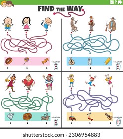 Cartoon illustration of find the way maze puzzle games set with funny comic characters
