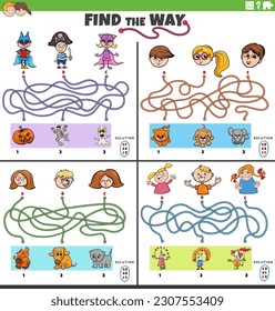 Cartoon illustration of find the way maze puzzle games set with funny comic children characters