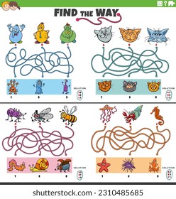 Cartoon illustration of find the way maze puzzle games set with funny comic characters