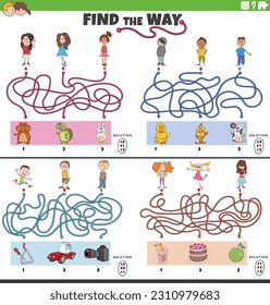 Cartoon illustration of find the way maze puzzle games set with children characters