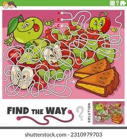 Cartoon illustration of find the way maze puzzle game with apple and apple pie