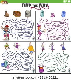 Cartoon illustration of find the way maze puzzle activities set with funny comic characters